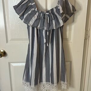 Small blue and white off the shoulder dress.